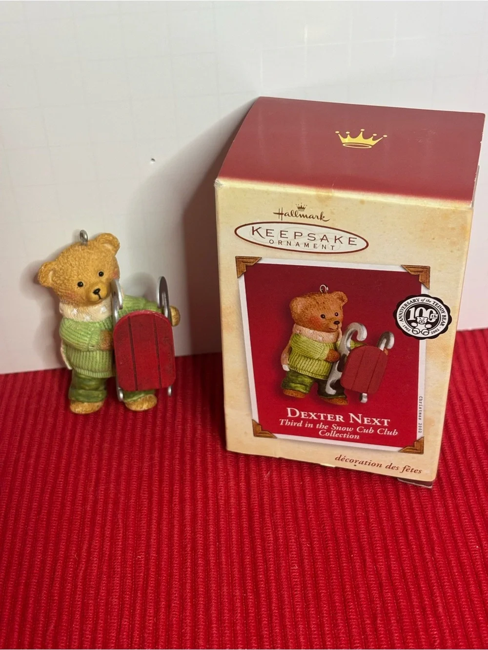 Hallmark Dexter Next Bear Ornament in Green Sweater with Red Sled